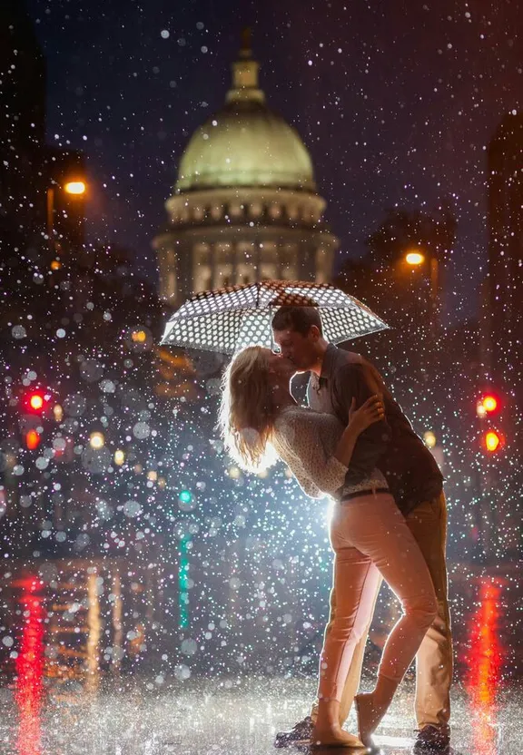 a couple kissing in the rain under an umbrella