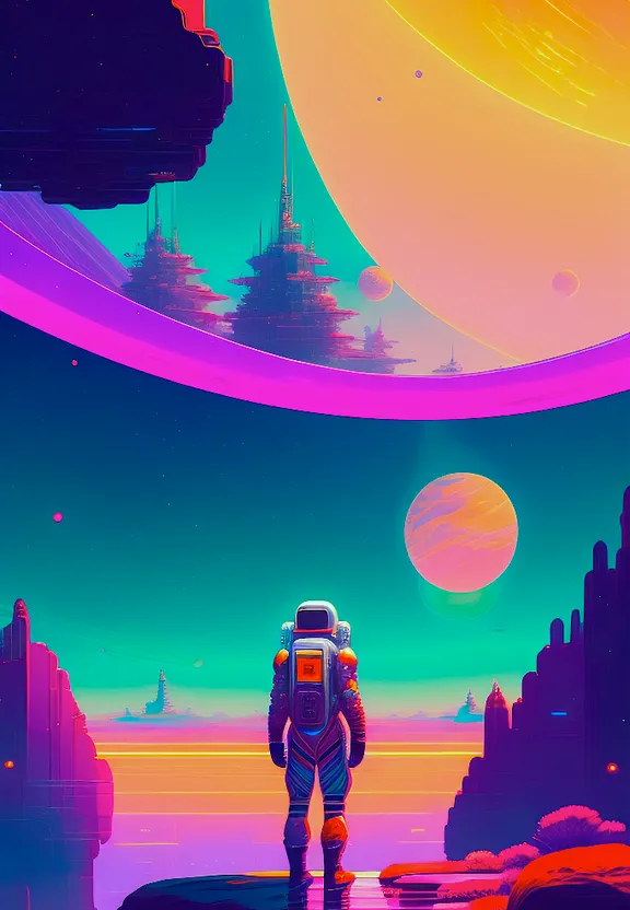 a man in a space suit standing in front of an alien landscape