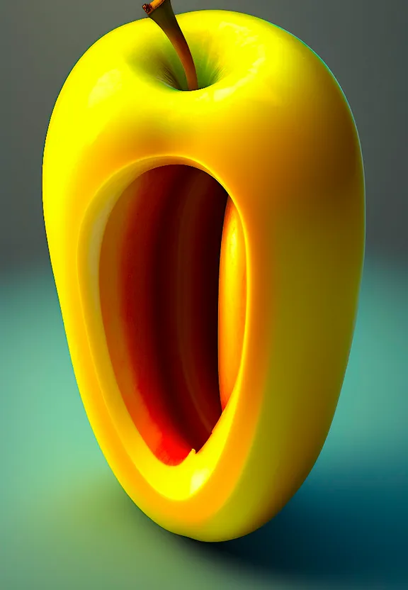 a yellow apple with its mouth open on a blue surface