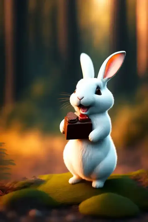 a white rabbit holding a piece of chocolate