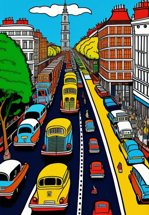 a painting of a city street filled with traffic