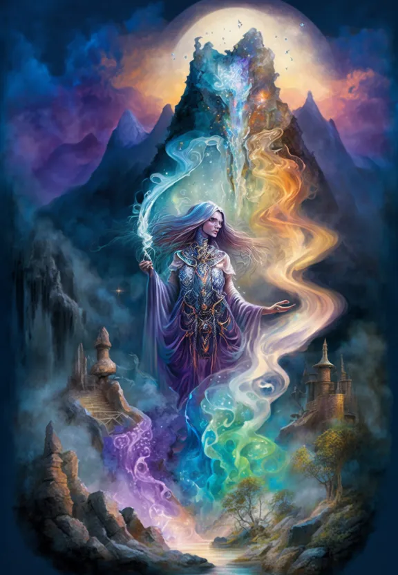 a painting of a woman standing in front of a mountain