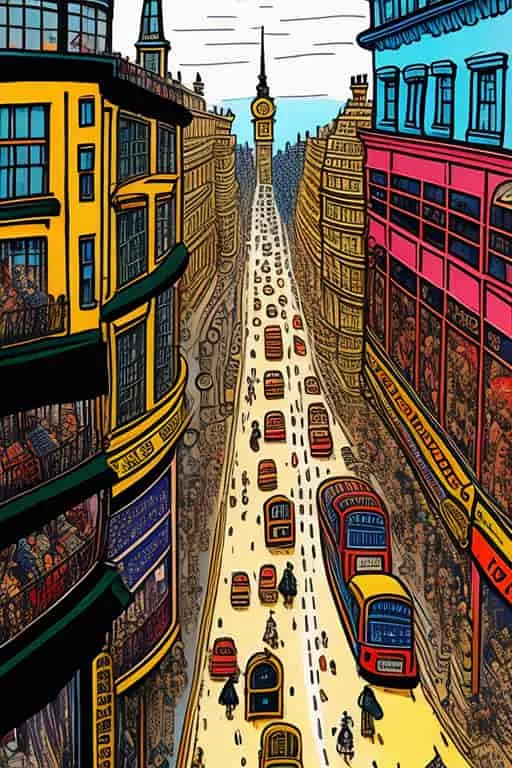 a painting of a city street filled with lots of traffic