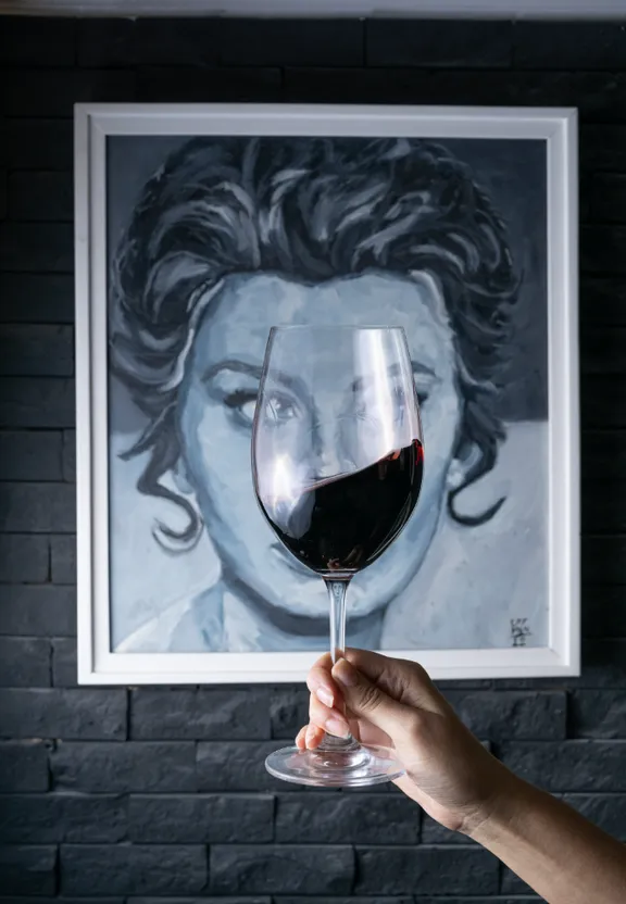 A person holding a wine glass in front of a painting, with a black line drawn over it to create a drawing effect. Make line drawing over the image and moving the wine