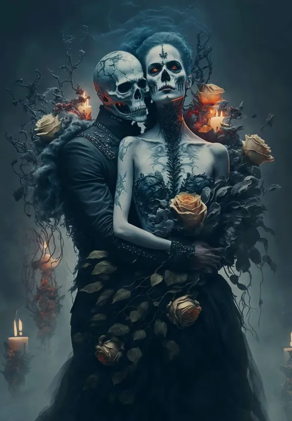 A Painting of Two Skeletons Hugging Each Other, A Story about a Young Couple Who Died in a Car Accident. make it a touching story about a young couple who died in a car accident