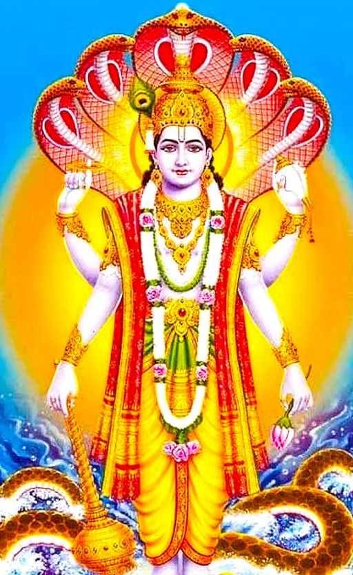 A god amongst men? Painting of a Hindu god. add some text to the bottom that reads "A god amongst men?"