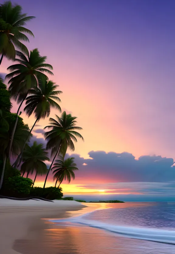 a painting of palm trees on a beach at sunset