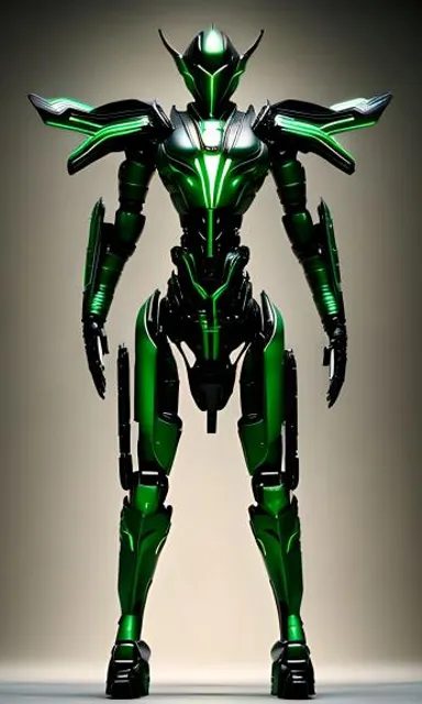 a green and black robot standing in a room