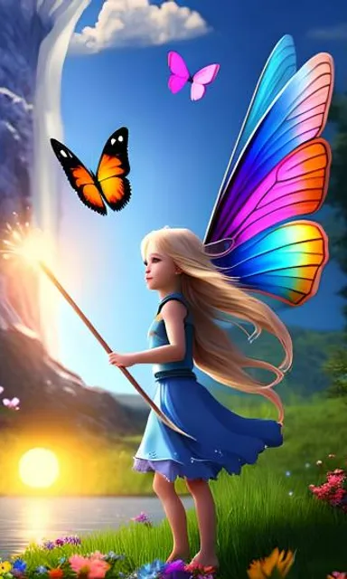 a little girl with a butterfly wings holding a wand