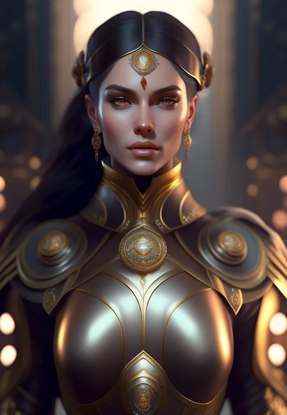 make the woman in the golden armor beautiful, with perfect, flawless skin and a radiant, golden aura.