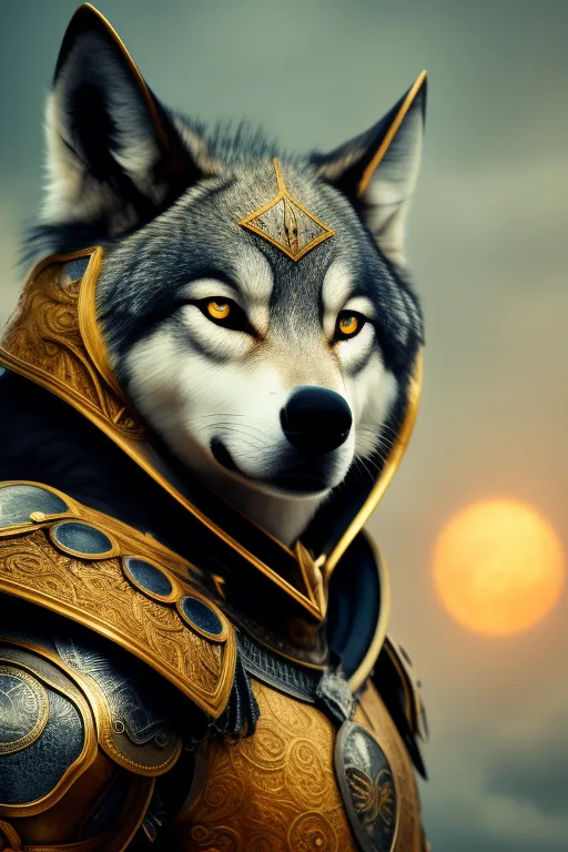 a wolf in armor standing in front of the sun