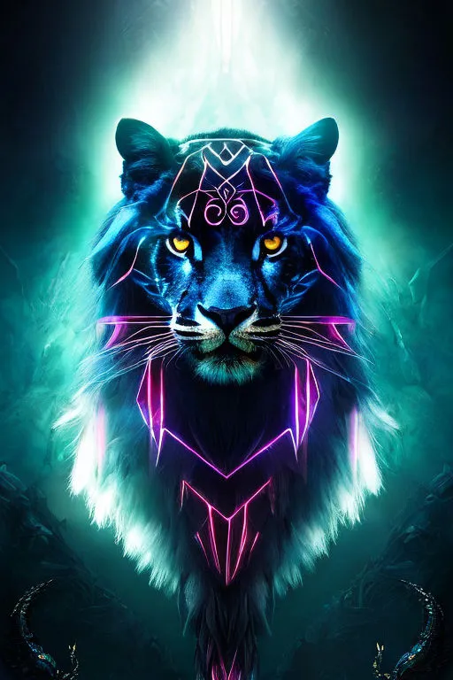 the head of a tiger with neon lights