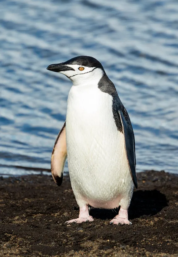 a penguin standing on a beach near the water