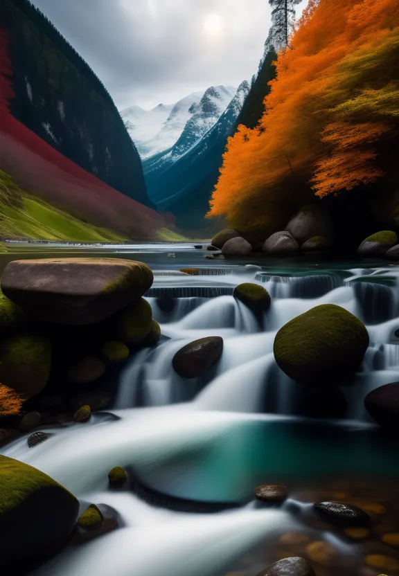 a river flowing through a valley with mountains in the background