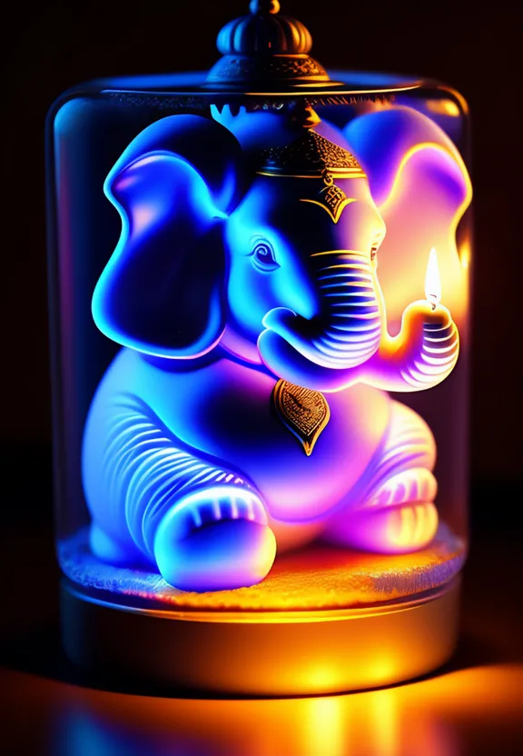 a glowing elephant in a glass jar with a candle inside