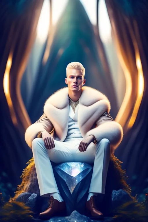 a man in a white fur coat sitting on a rock