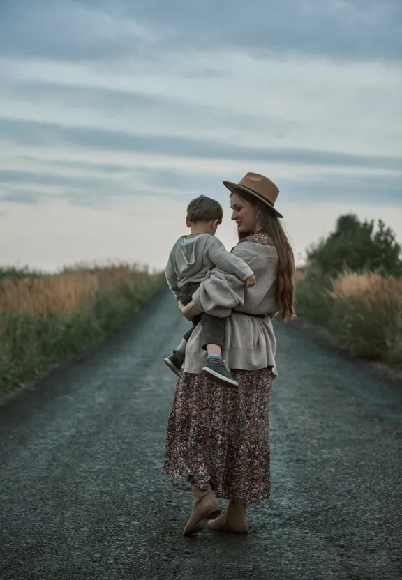 mother and son walking down a country road