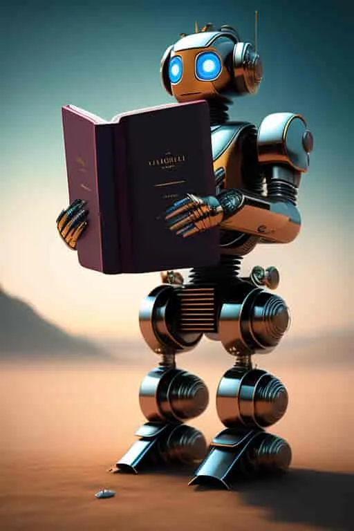 a robot reading a book in the desert