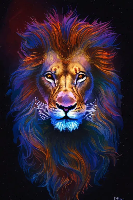 a painting of a lion with colorful hair