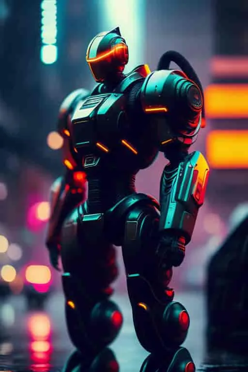 a robot standing on a city street at night