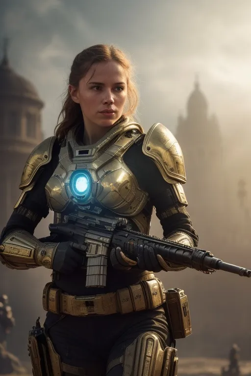 a woman in armor with a gun standing in front of a city