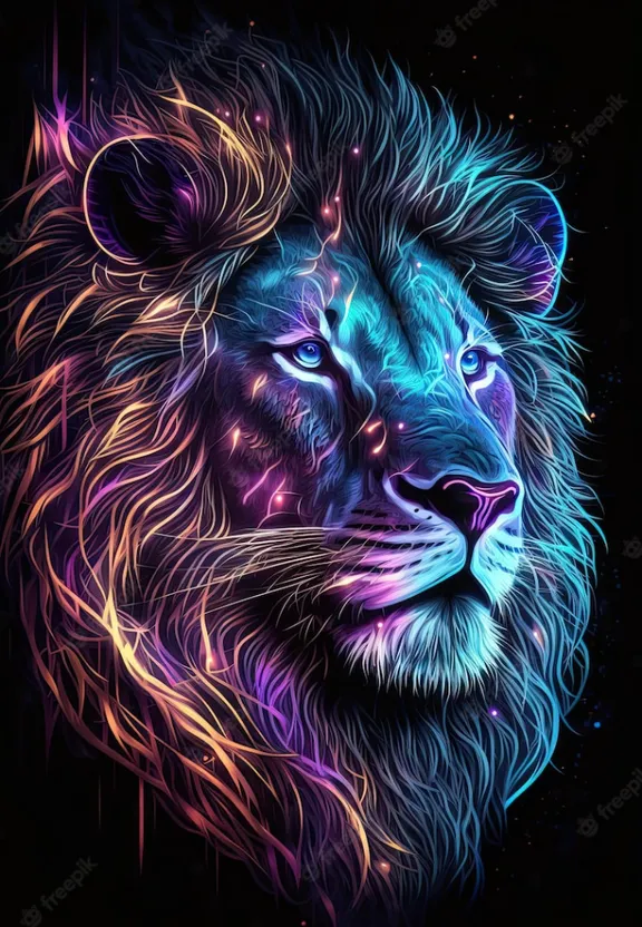 a colorful lion's face on a black background