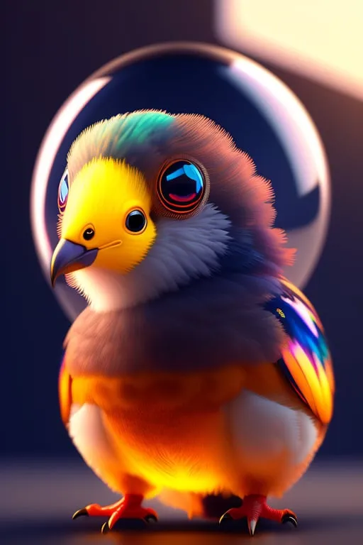 a colorful bird is standing in front of a bubble