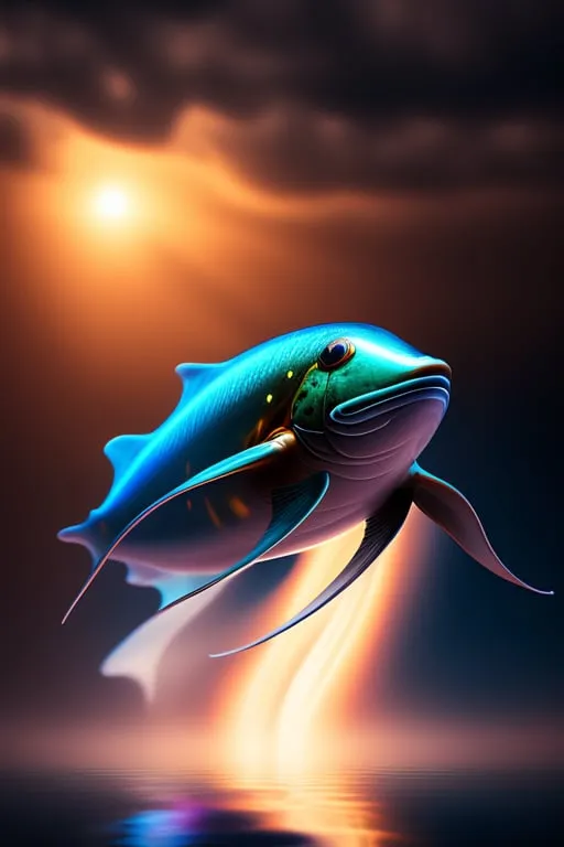 a painting of a blue fish in the water