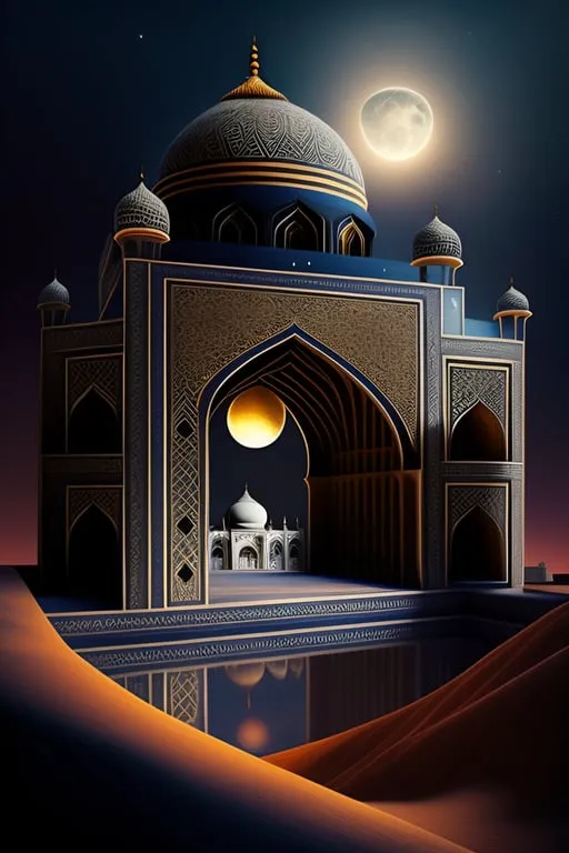 a painting of a mosque with a full moon in the background