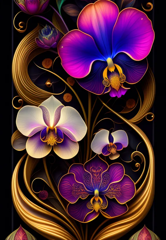 a painting of purple and white flowers on a black background