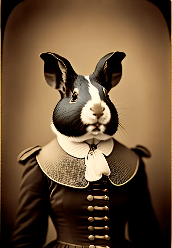 a black and white rabbit wearing a dress