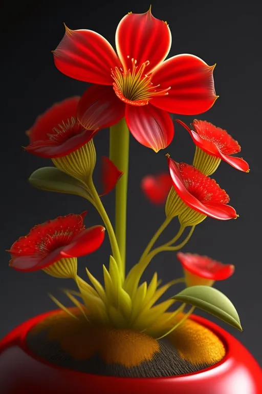 a red vase with a bunch of red flowers in it