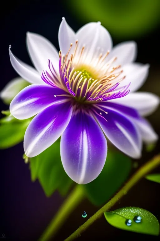 a purple and white flower with green leaves