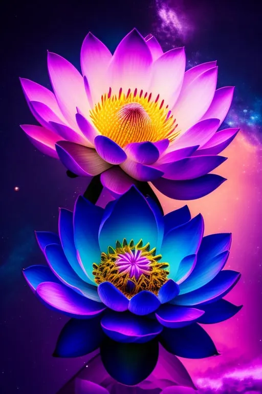 two purple and blue lotuses floating in the water