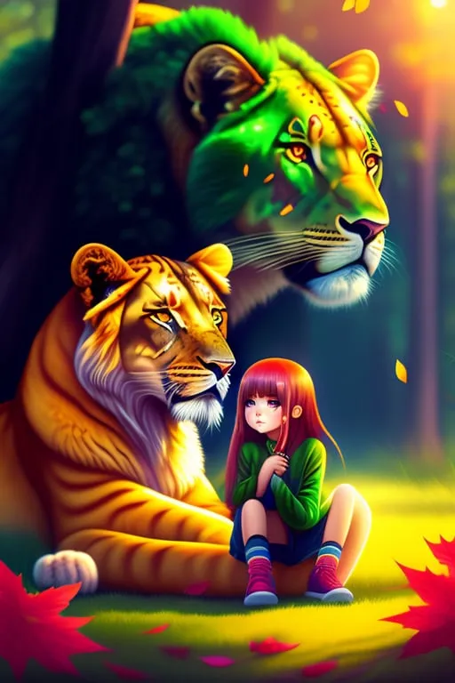 Change to a girl sitting next to a leopard in a jungle.