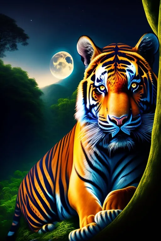 a painting of a tiger sitting in the grass