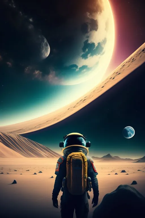 a man in a space suit standing in front of a planet