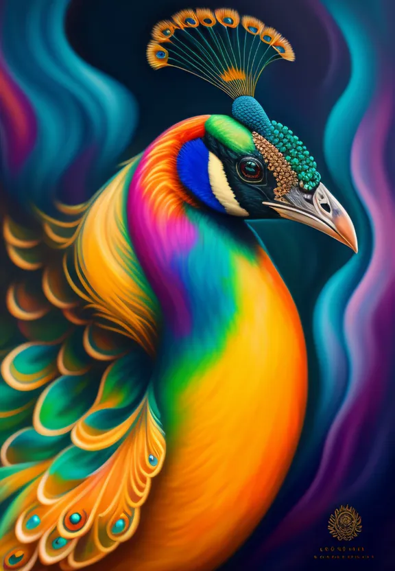 a painting of a colorful bird with feathers