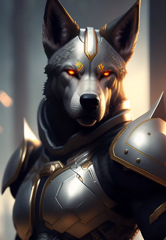 a dog dressed in armor with glowing eyes