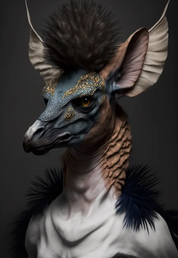 a close up of a animal with horns and feathers