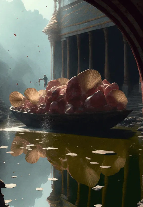 a boat filled with lots of red fruit floating on top of a body of water