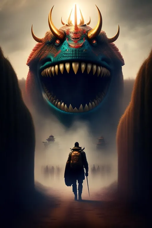 a movie poster with a monster's head in the background