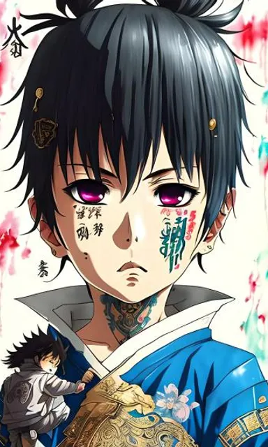 an anime character with black hair and purple eyes