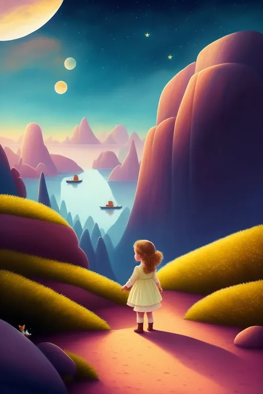 a painting of a little girl standing on a path