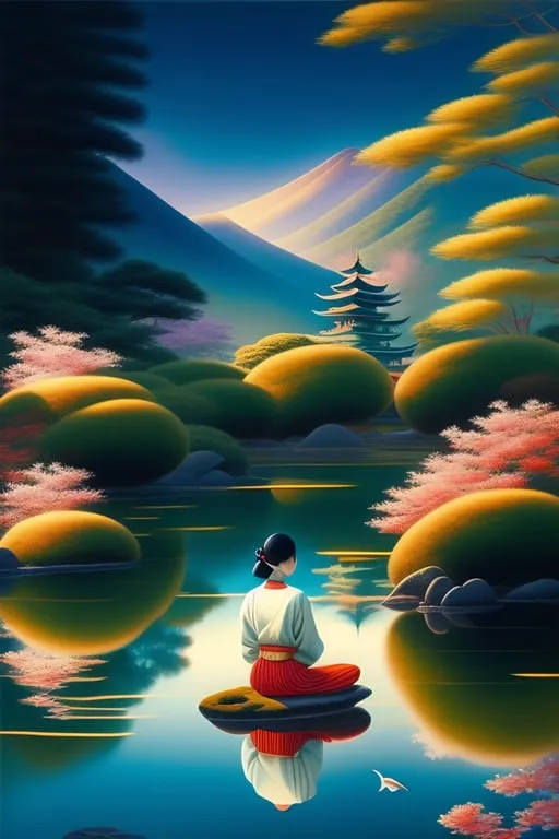 a painting of a person sitting on a rock in the water