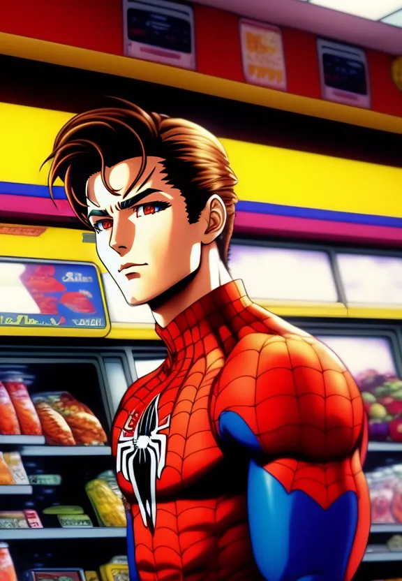 a man in a spider - man suit standing in front of a vending machine