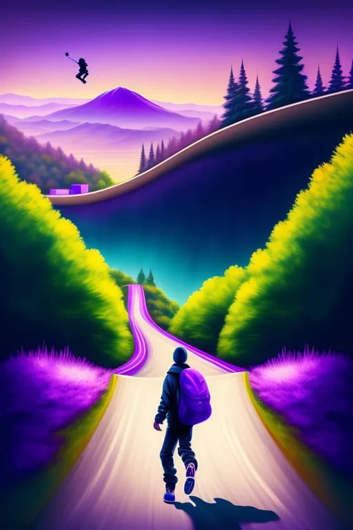 a painting of a person walking down a road