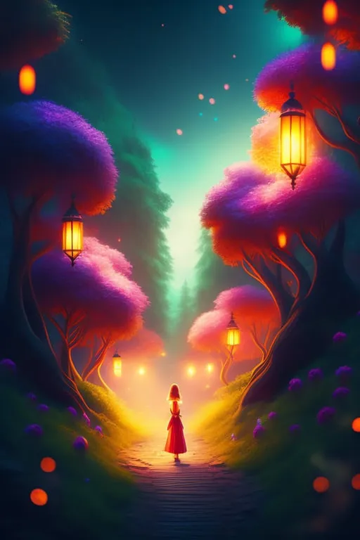 a woman standing in the middle of a forest at night