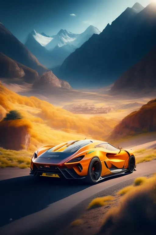 an orange sports car driving down a desert road