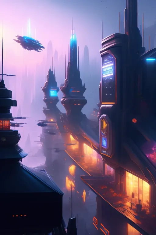 a futuristic city at night with a flying saucer in the sky